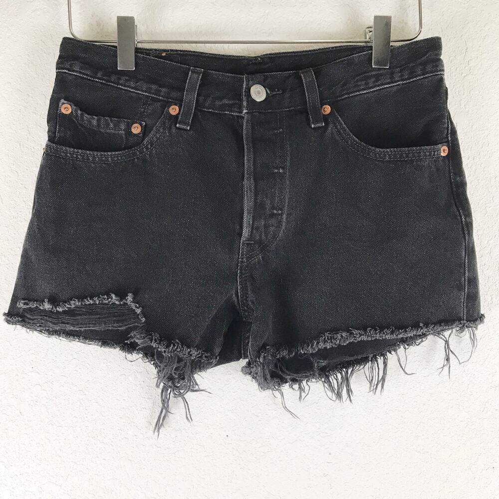 Levi's 501 Button Fly 100% Cotton Black Denim Shorts Distressed Mid Rise Size 26